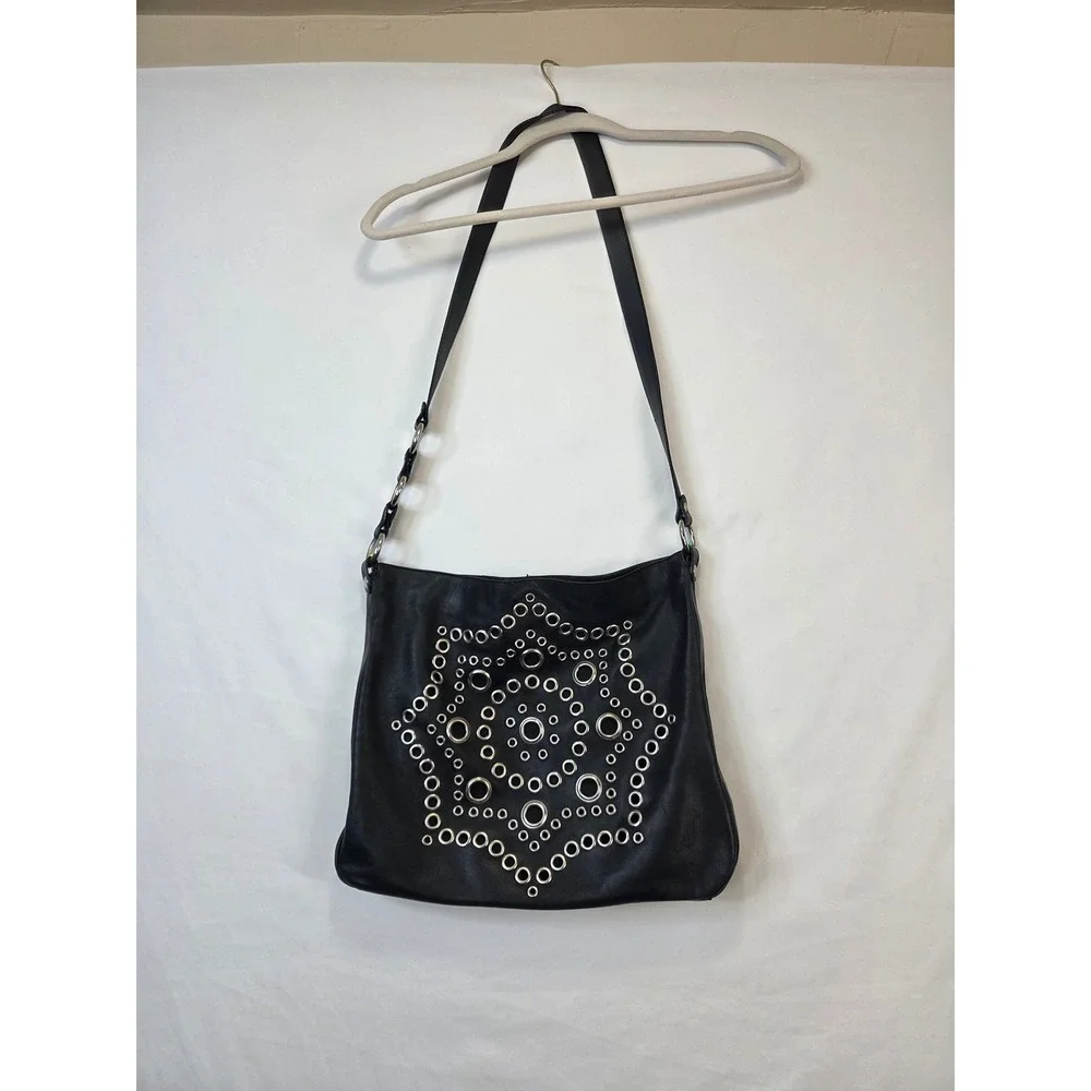 Nordstrom Black Genuine Leather Grommet Hobo Shoulder Bag Made in Italy